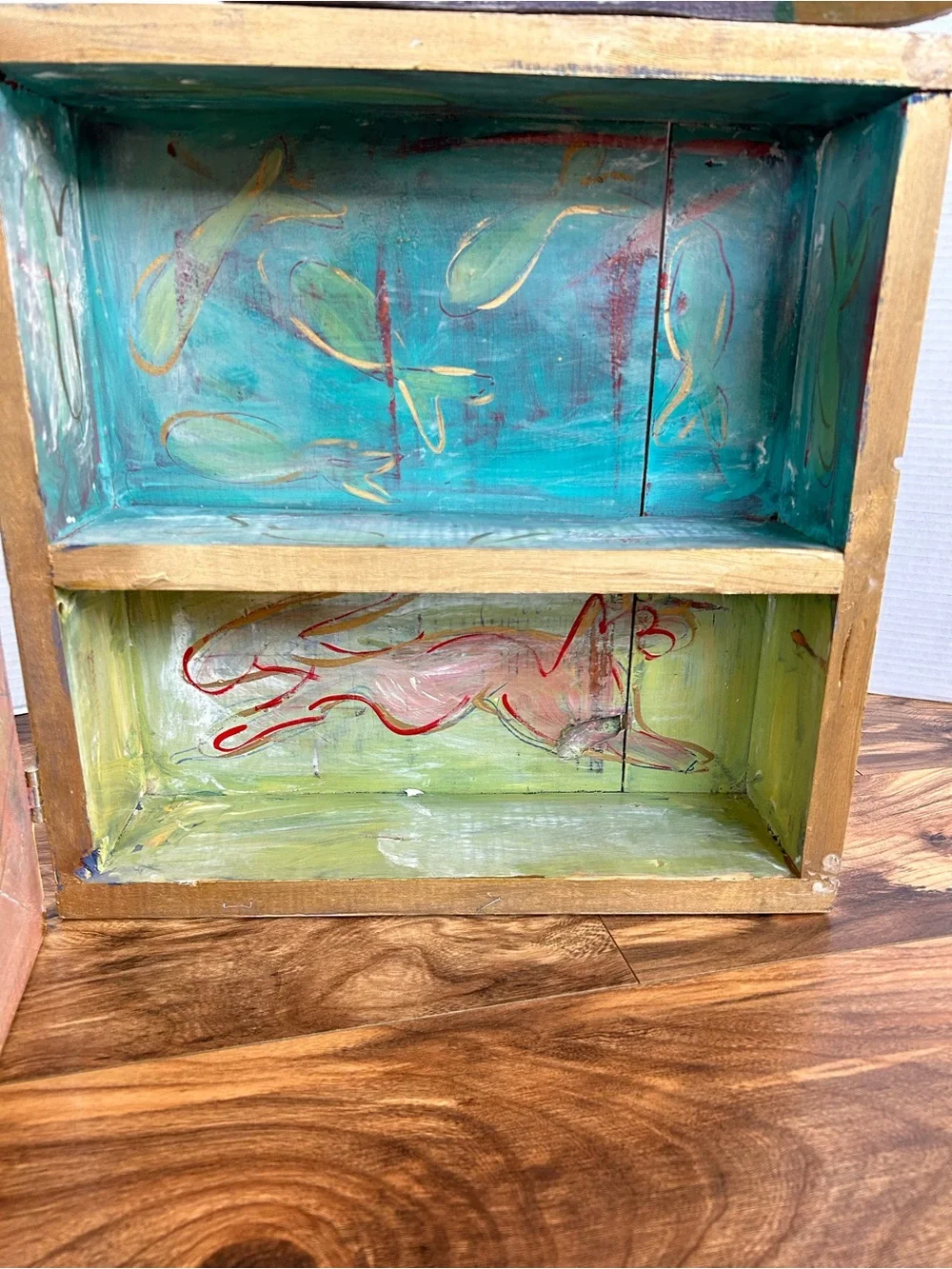 Hand Painted Folk Art Wall Cabinet Coastal Fish Motif Beach Rustic Wooden Shadow